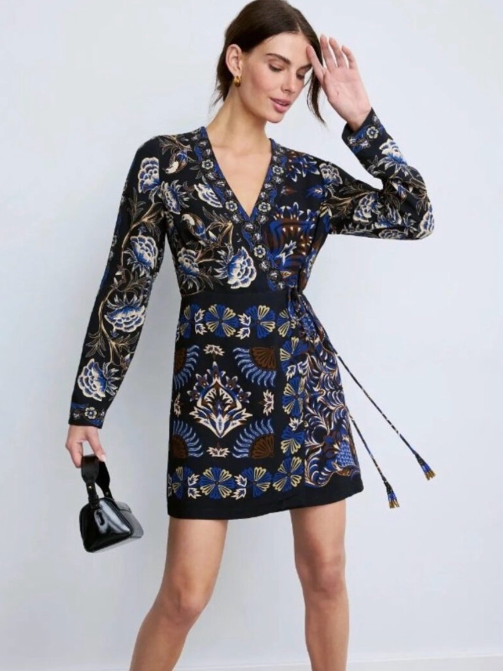 FARM Rio Black Floral Wrap Midi Dress with Blue and Cream Print